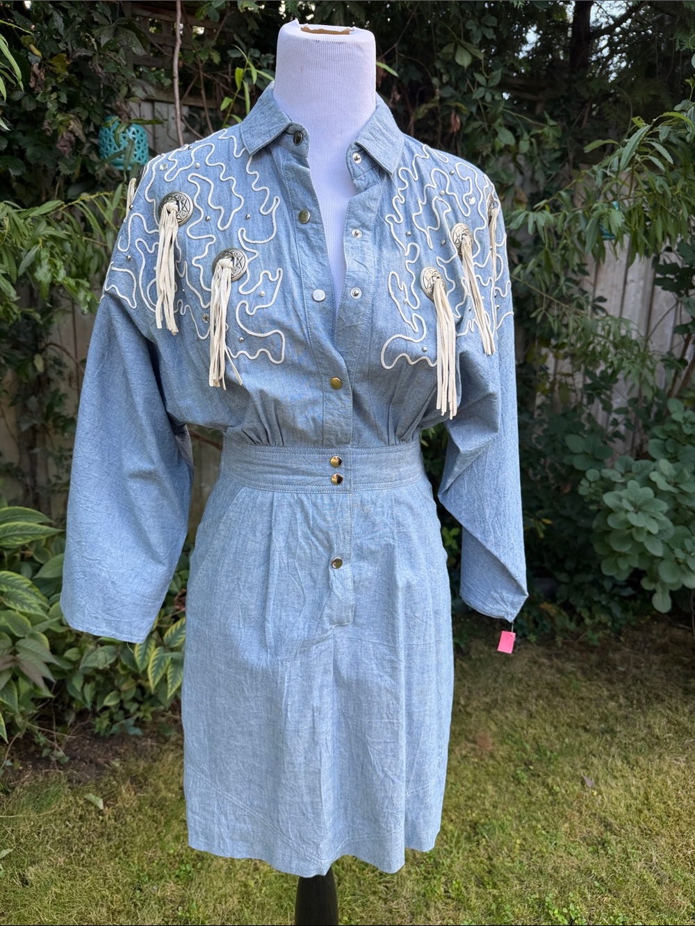 Denim Mini Shirt Dress with Fringe Embroidery - Light Blue